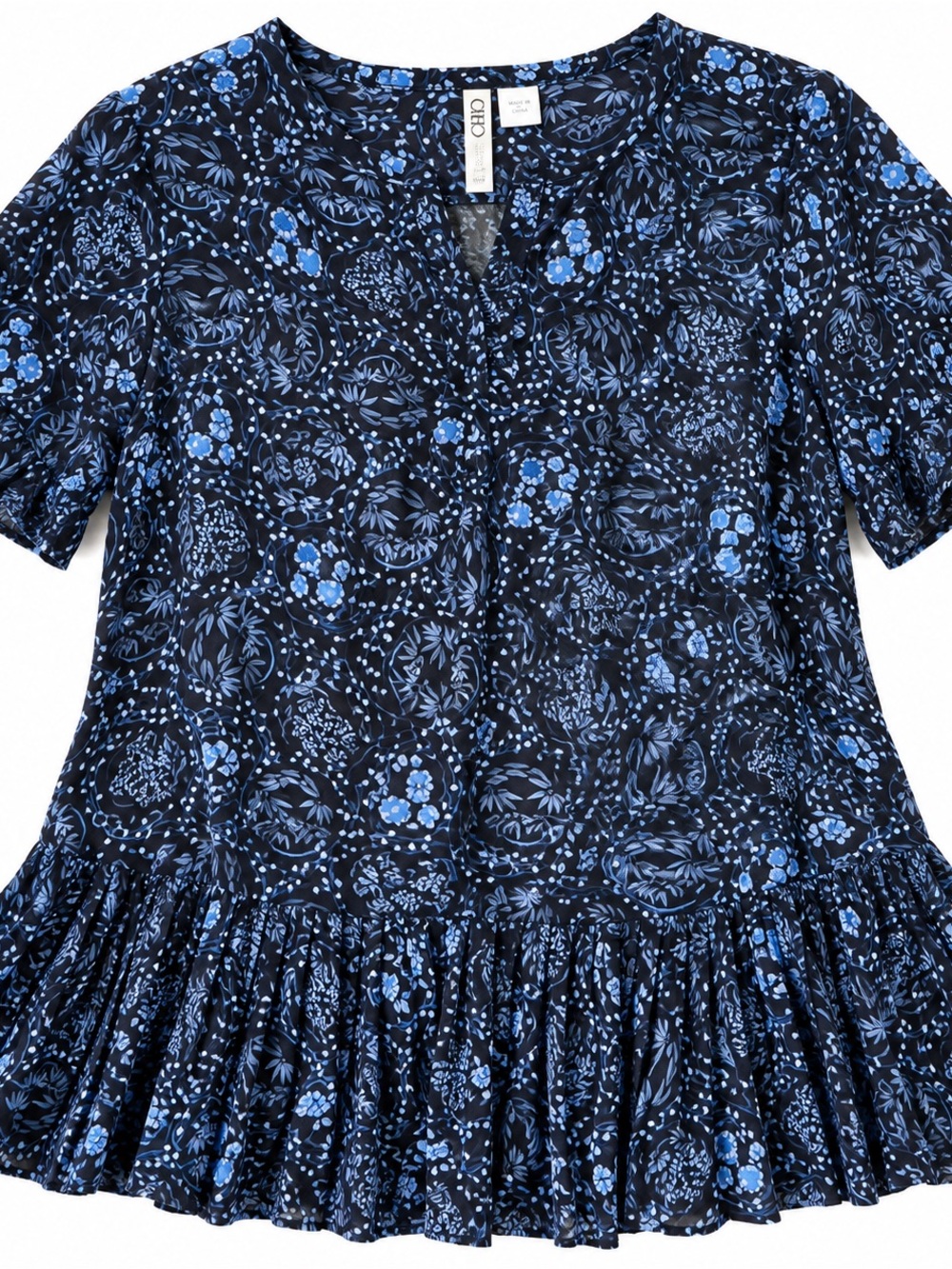 Cato Navy and Light Blue Floral Ruffle Hem Tunic
